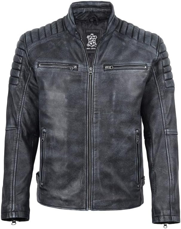 image:imageBlingsoul Real Lambskin Leather Jacket Men Cafe Racer Style Premium Mens Leather JacketBlack Distressed Washed
