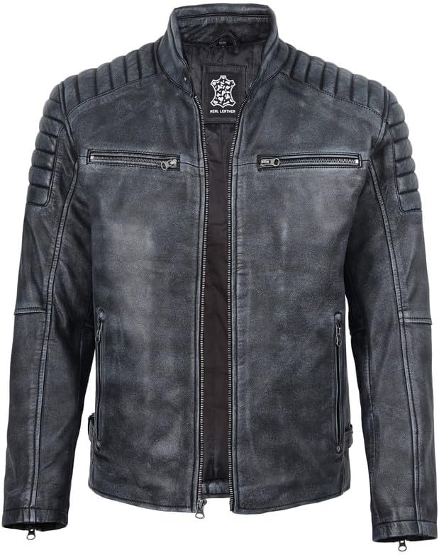 image:imageBlingsoul Real Lambskin Leather Jacket Men Cafe Racer Style Premium Mens Leather JacketBlack Distressed Washed
