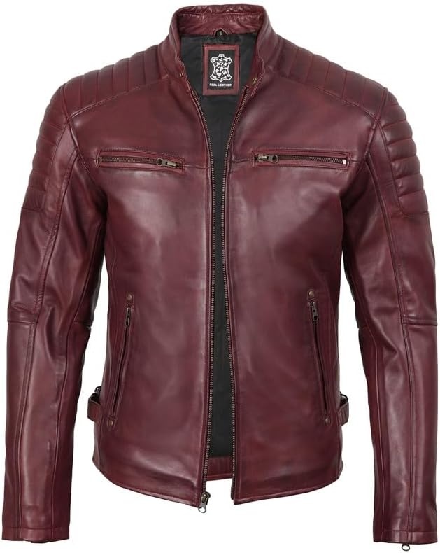 image:imageBlingsoul Real Lambskin Leather Jacket Men Cafe Racer Style Premium Mens Leather JacketBurgundy Maroon Wax