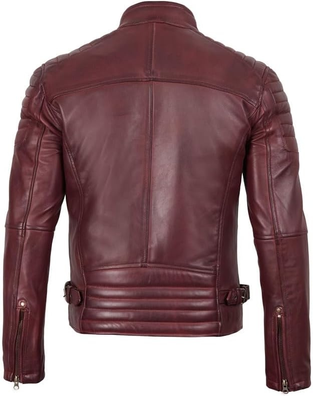 image:imageBlingsoul Real Lambskin Leather Jacket Men Cafe Racer Style Premium Mens Leather JacketBurgundy Maroon Wax