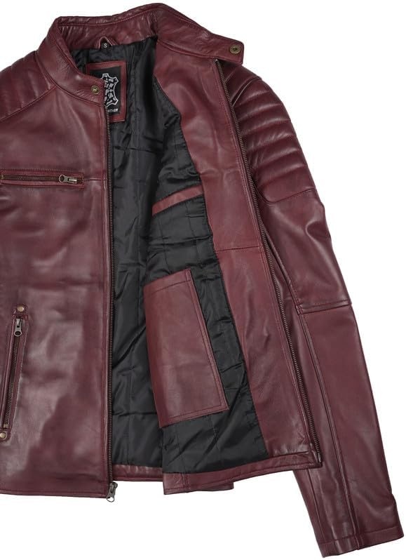 image:imageBlingsoul Real Lambskin Leather Jacket Men Cafe Racer Style Premium Mens Leather JacketBurgundy Maroon Wax