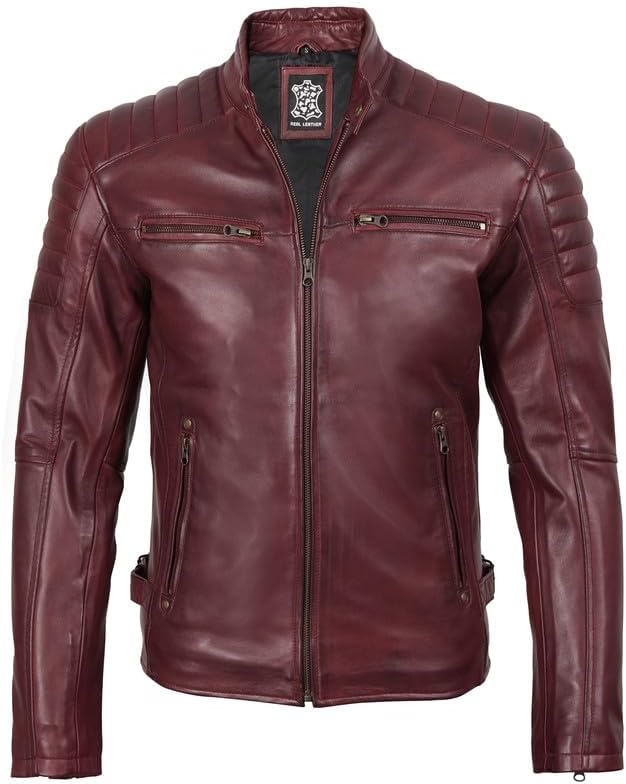 image:imageBlingsoul Real Lambskin Leather Jacket Men Cafe Racer Style Premium Mens Leather JacketBurgundy Maroon Wax