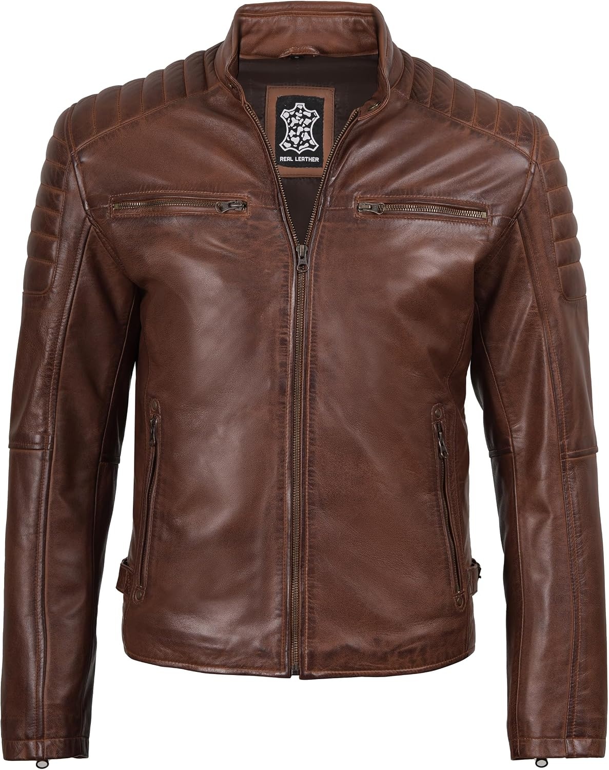 image:imageBlingsoul Real Lambskin Leather Jacket Men Cafe Racer Style Premium Mens Leather JacketCognac Wax