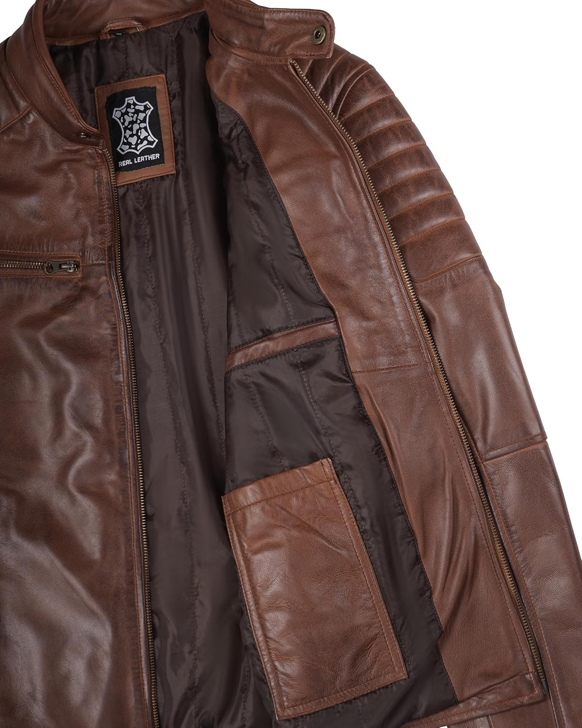 image:imageBlingsoul Real Lambskin Leather Jacket Men Cafe Racer Style Premium Mens Leather JacketCognac Wax