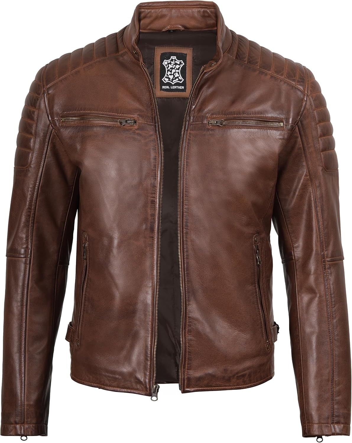 image:imageBlingsoul Real Lambskin Leather Jacket Men Cafe Racer Style Premium Mens Leather JacketCognac Wax