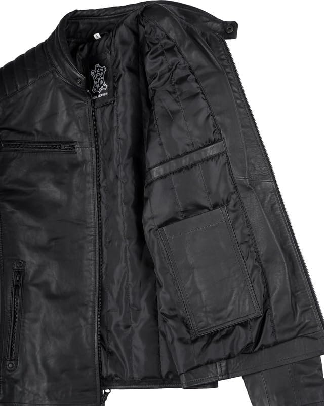 image:imageBlingsoul Real Lambskin Leather Jacket Men Cafe Racer Style Premium Mens Leather JacketMatte Black