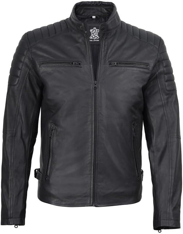 image:imageBlingsoul Real Lambskin Leather Jacket Men Cafe Racer Style Premium Mens Leather JacketMatte Black