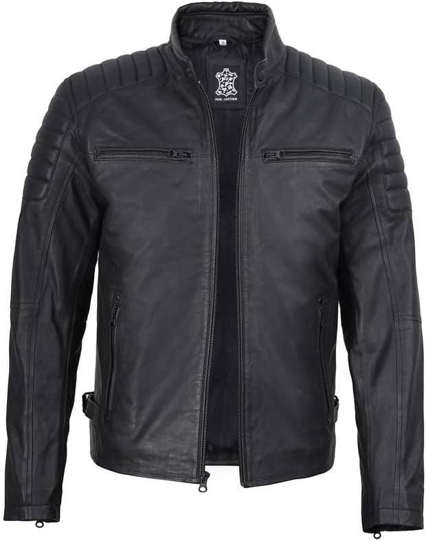 image:imageBlingsoul Real Lambskin Leather Jacket Men Cafe Racer Style Premium Mens Leather JacketMatte Black