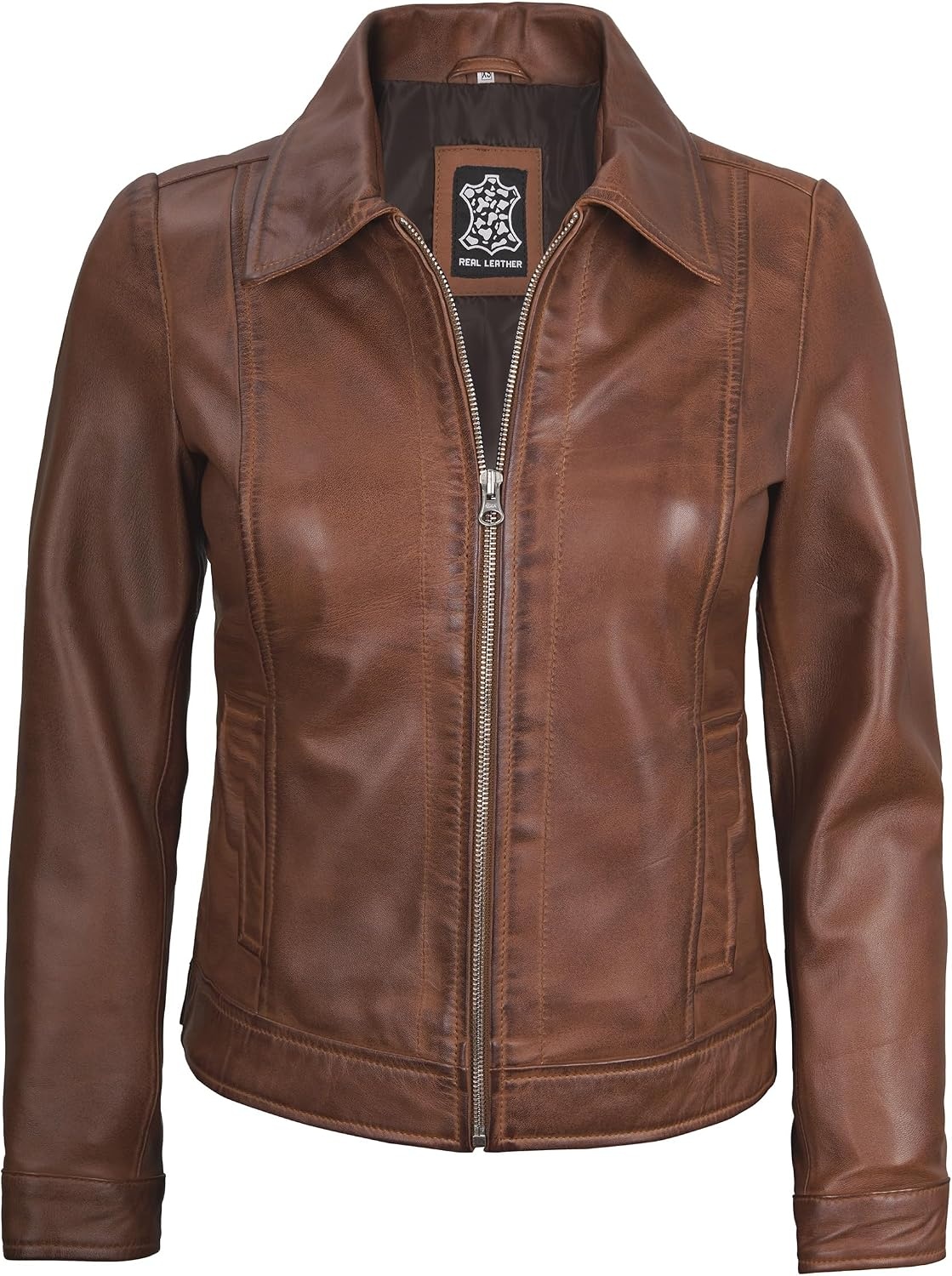 image:imageBlingsoul Real Lambskin Leather Jacket for Women Shirt Collar Leather Jacket WomensCognac Wax