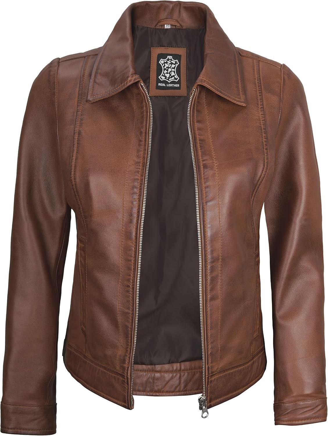 image:imageBlingsoul Real Lambskin Leather Jacket for Women Shirt Collar Leather Jacket WomensCognac Wax