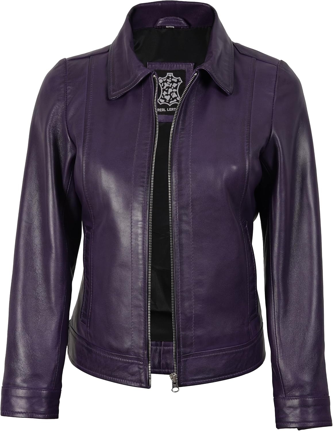 image:imageBlingsoul Real Lambskin Leather Jacket for Women Shirt Collar Leather Jacket WomensPurple Wax