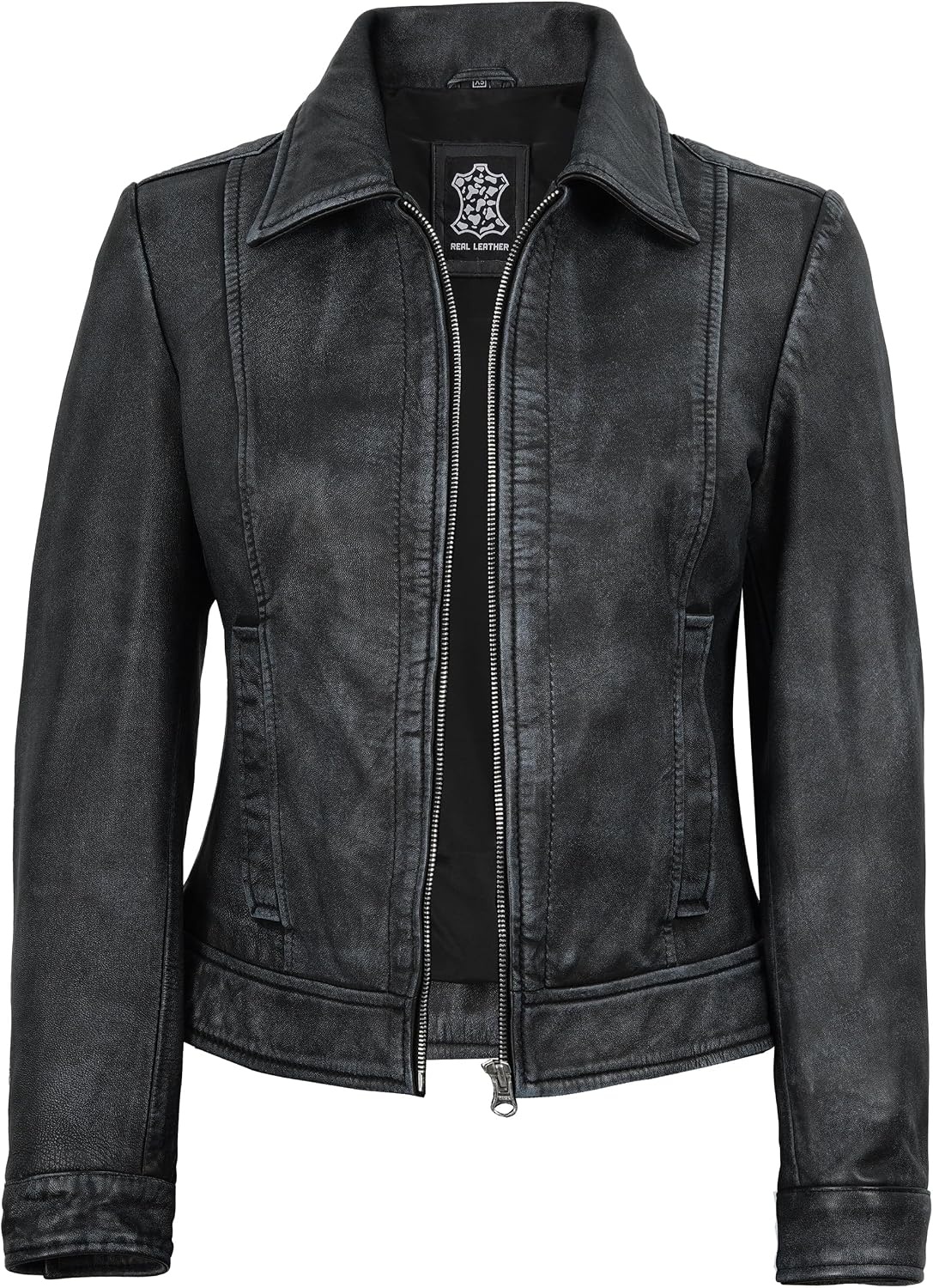 image:imageBlingsoul Real Lambskin Leather Jacket for Women Shirt Collar Leather Jacket WomensWashed Distressed Black
