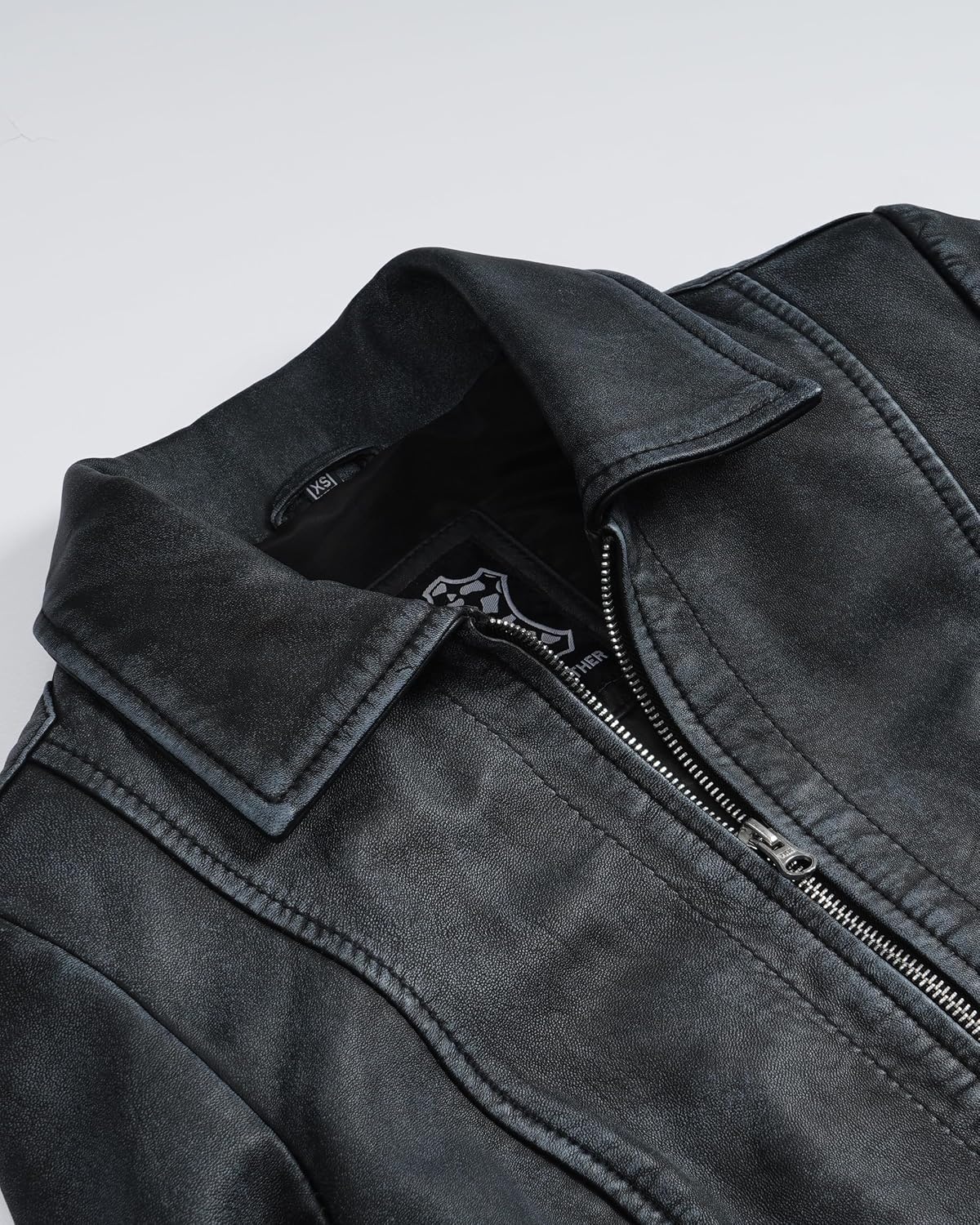 image:imageBlingsoul Real Lambskin Leather Jacket for Women Shirt Collar Leather Jacket WomensWashed Distressed Black