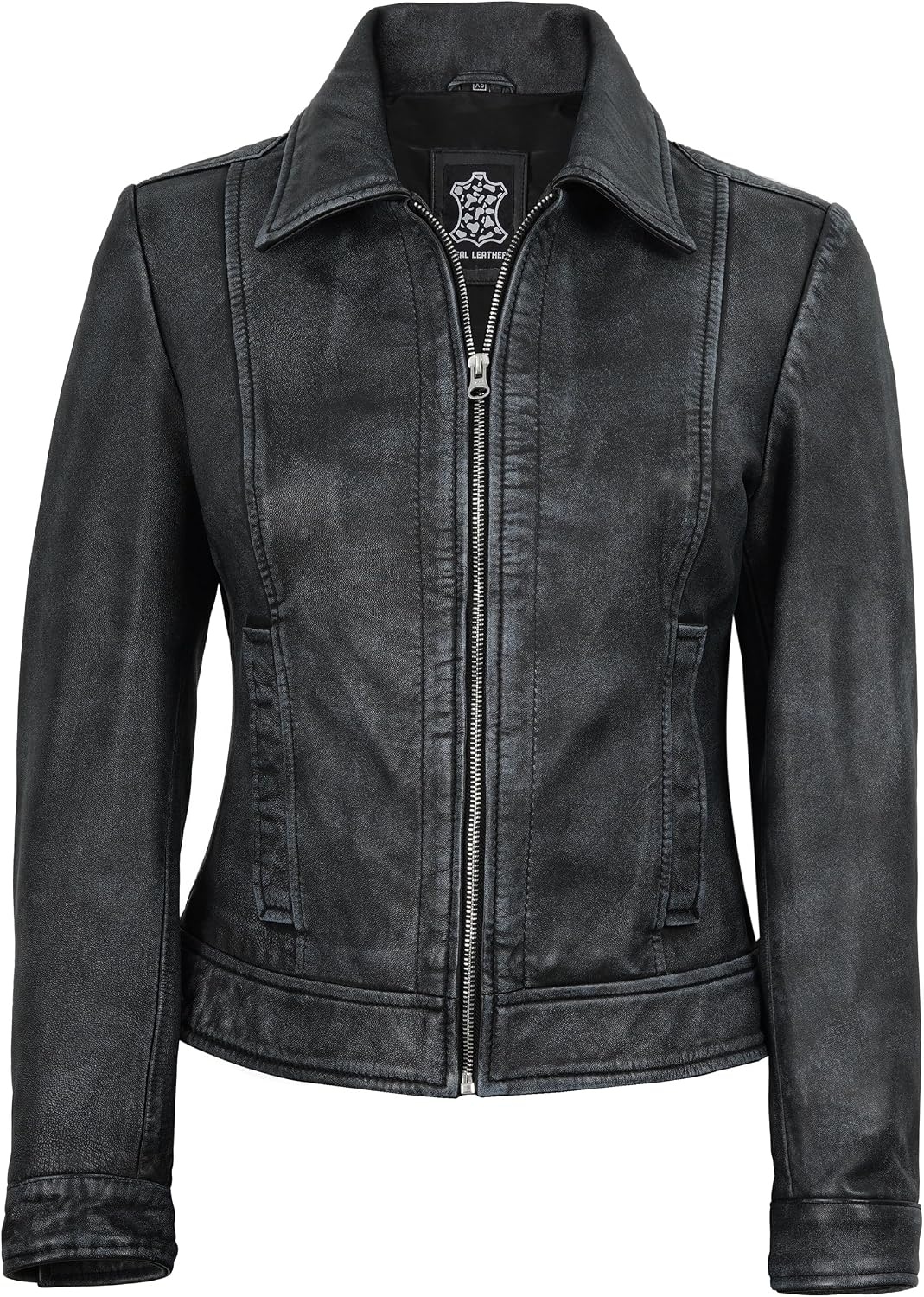 image:imageBlingsoul Real Lambskin Leather Jacket for Women Shirt Collar Leather Jacket WomensWashed Distressed Black