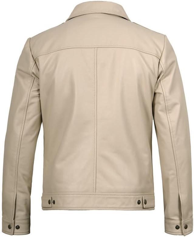 image:imageBlingsoul Vintage Leather Jacket Men Real Lambskin Classic Leather Jacket for Mens with Shirt Style CollarBeige