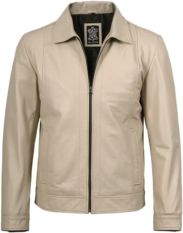 image:imageBlingsoul Vintage Leather Jacket Men Real Lambskin Classic Leather Jacket for Mens with Shirt Style CollarBeige