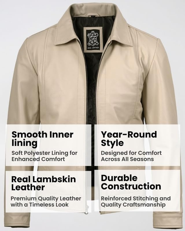 image:imageBlingsoul Vintage Leather Jacket Men Real Lambskin Classic Leather Jacket for Mens with Shirt Style CollarBeige