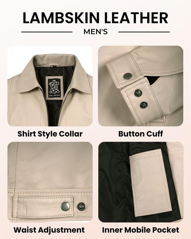 image:imageBlingsoul Vintage Leather Jacket Men Real Lambskin Classic Leather Jacket for Mens with Shirt Style CollarBeige