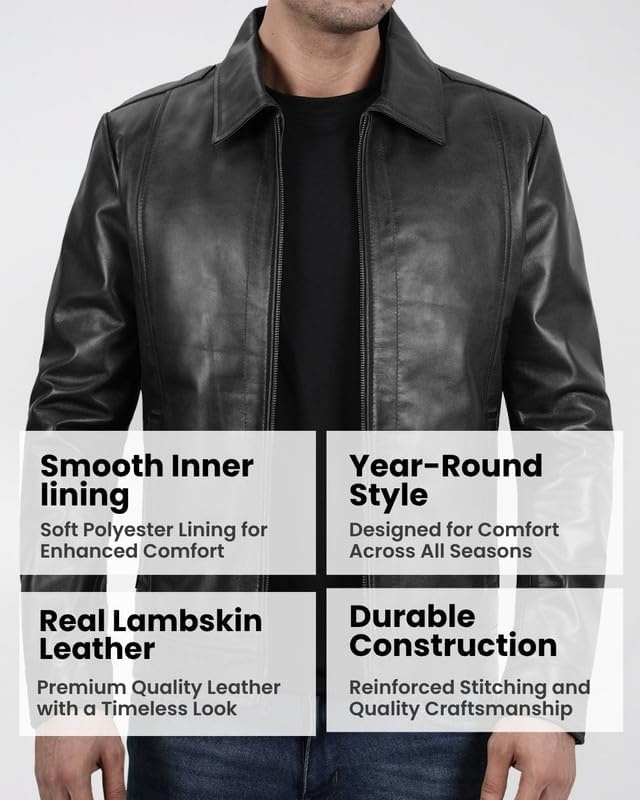 image:imageBlingsoul Vintage Leather Jacket Men Real Lambskin Classic Leather Jacket for Mens with Shirt Style CollarBlack