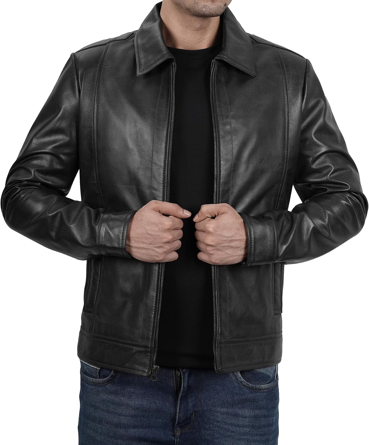 image:imageBlingsoul Vintage Leather Jacket Men Real Lambskin Classic Leather Jacket for Mens with Shirt Style CollarBlack