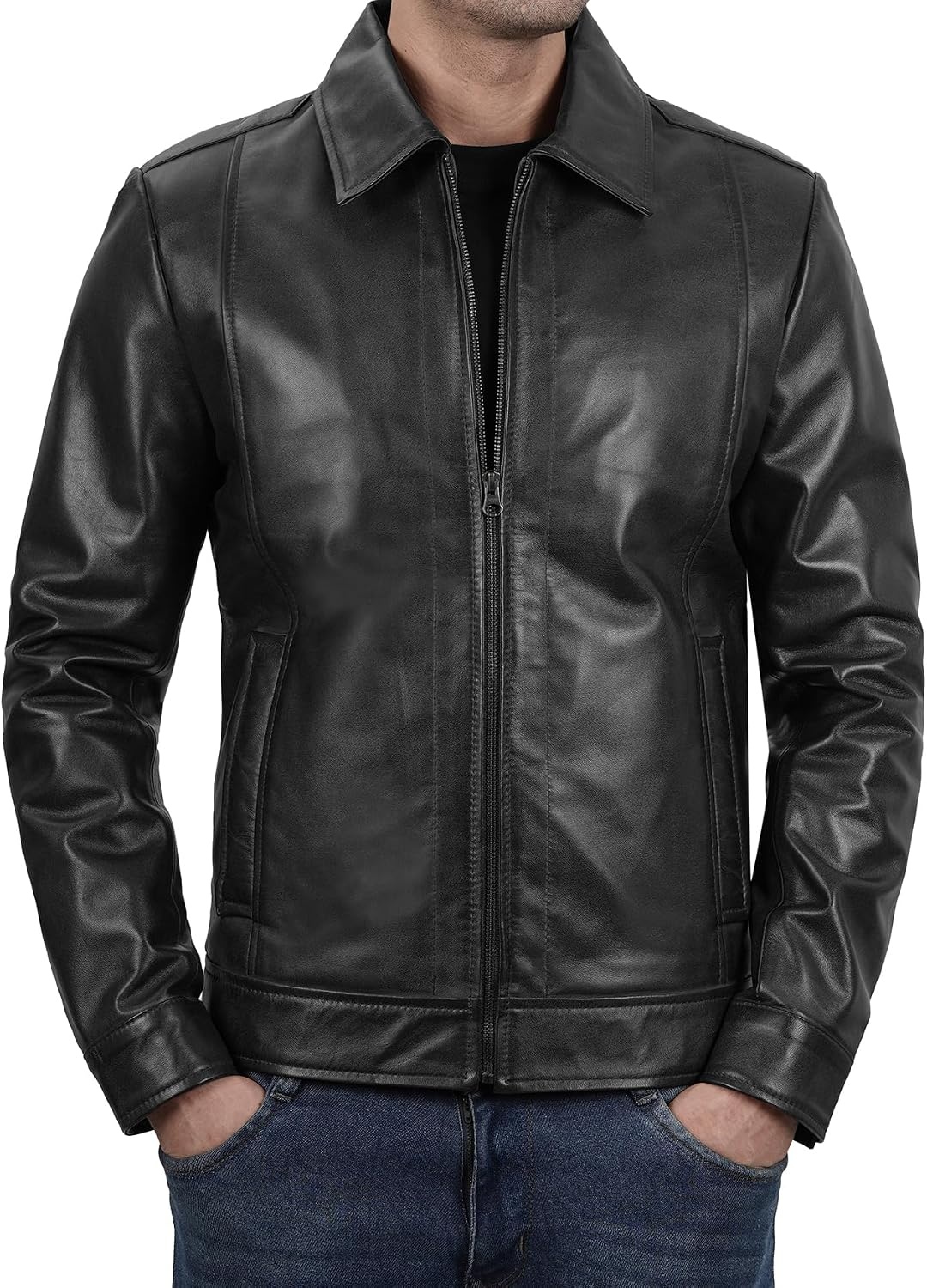 image:imageBlingsoul Vintage Leather Jacket Men Real Lambskin Classic Leather Jacket for Mens with Shirt Style CollarBlack
