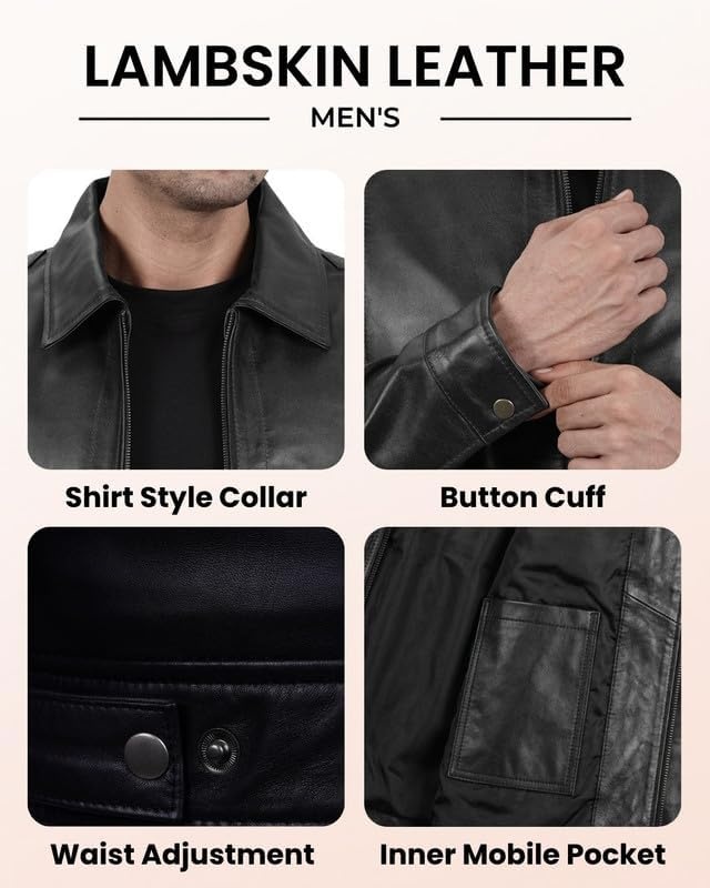 image:imageBlingsoul Vintage Leather Jacket Men Real Lambskin Classic Leather Jacket for Mens with Shirt Style CollarBlack