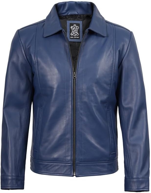 image:imageBlingsoul Vintage Leather Jacket Men Real Lambskin Classic Leather Jacket for Mens with Shirt Style CollarBlue