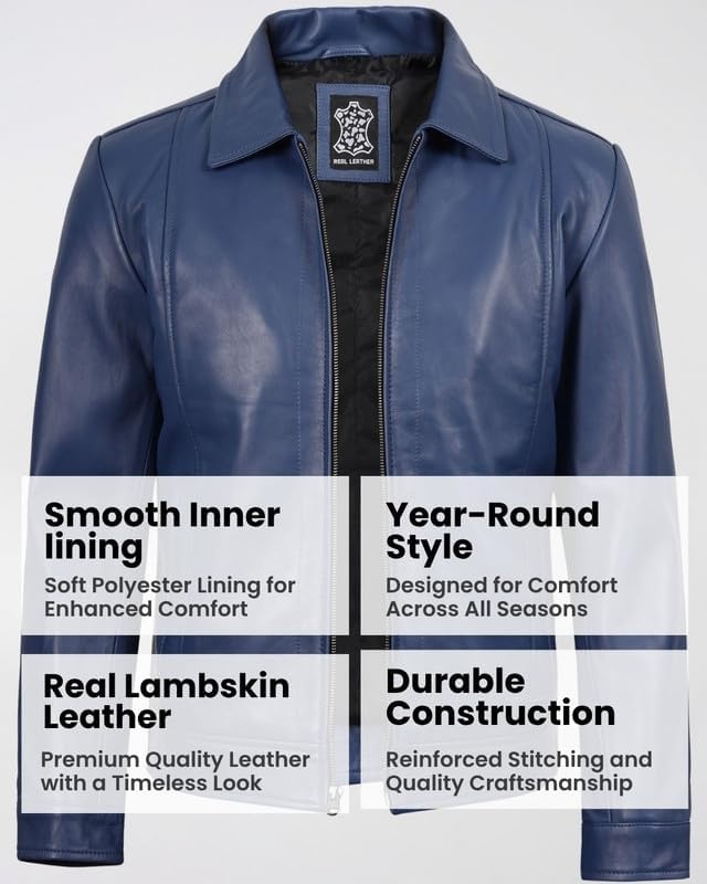 image:imageBlingsoul Vintage Leather Jacket Men Real Lambskin Classic Leather Jacket for Mens with Shirt Style CollarBlue
