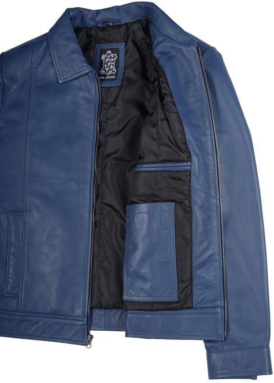 image:imageBlingsoul Vintage Leather Jacket Men Real Lambskin Classic Leather Jacket for Mens with Shirt Style CollarBlue