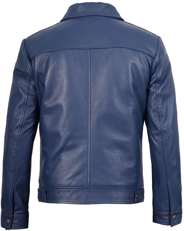 image:imageBlingsoul Vintage Leather Jacket Men Real Lambskin Classic Leather Jacket for Mens with Shirt Style CollarBlue