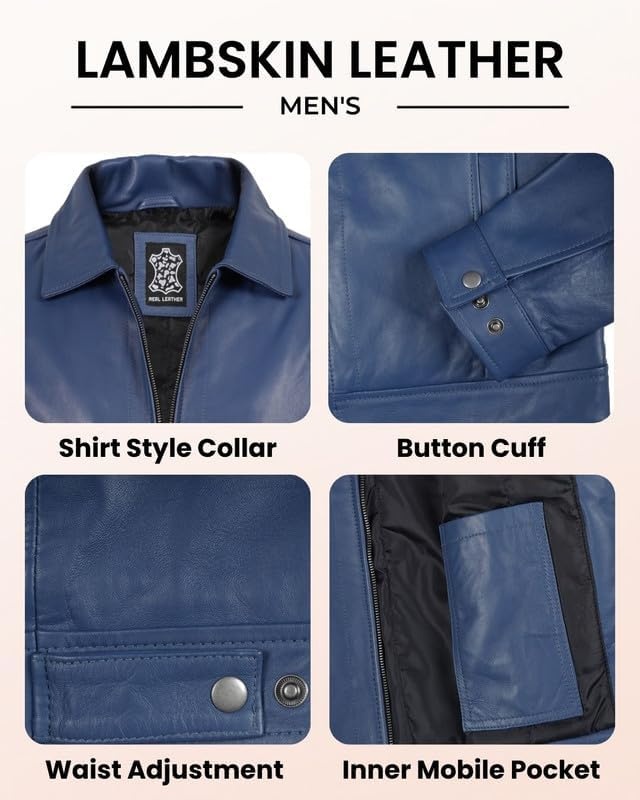 image:imageBlingsoul Vintage Leather Jacket Men Real Lambskin Classic Leather Jacket for Mens with Shirt Style CollarBlue