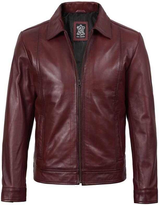 image:imageBlingsoul Vintage Leather Jacket Men Real Lambskin Classic Leather Jacket for Mens with Shirt Style CollarBurgundy Maroon Wax