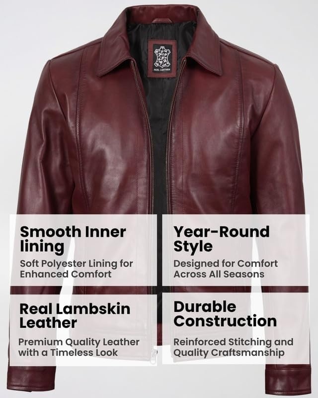 image:imageBlingsoul Vintage Leather Jacket Men Real Lambskin Classic Leather Jacket for Mens with Shirt Style CollarBurgundy Maroon Wax
