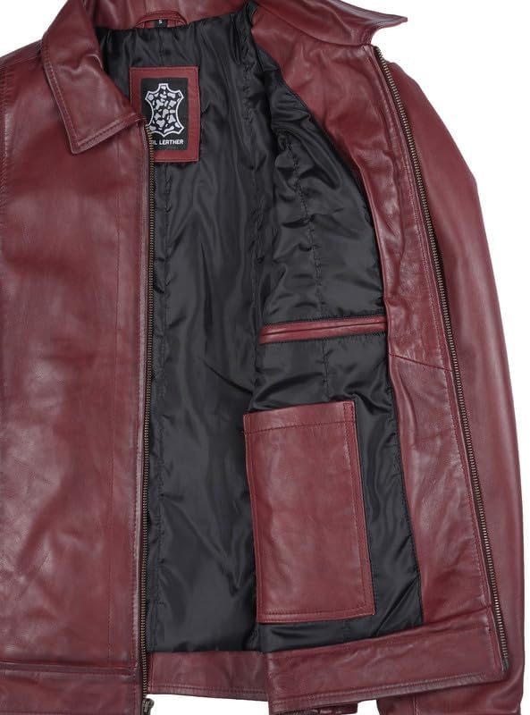 image:imageBlingsoul Vintage Leather Jacket Men Real Lambskin Classic Leather Jacket for Mens with Shirt Style CollarBurgundy Maroon Wax