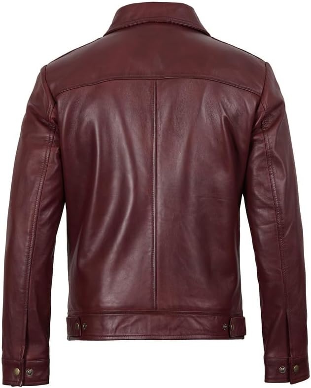image:imageBlingsoul Vintage Leather Jacket Men Real Lambskin Classic Leather Jacket for Mens with Shirt Style CollarBurgundy Maroon Wax