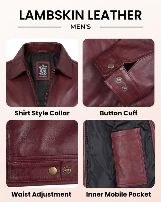image:imageBlingsoul Vintage Leather Jacket Men Real Lambskin Classic Leather Jacket for Mens with Shirt Style CollarBurgundy Maroon Wax