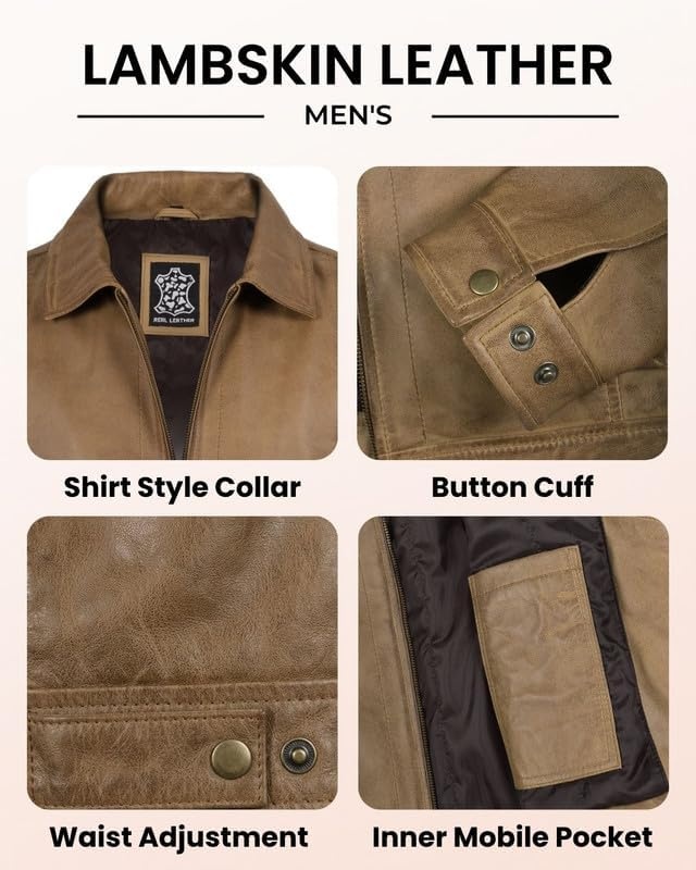 image:imageBlingsoul Vintage Leather Jacket Men Real Lambskin Classic Leather Jacket for Mens with Shirt Style CollarCamel Wax