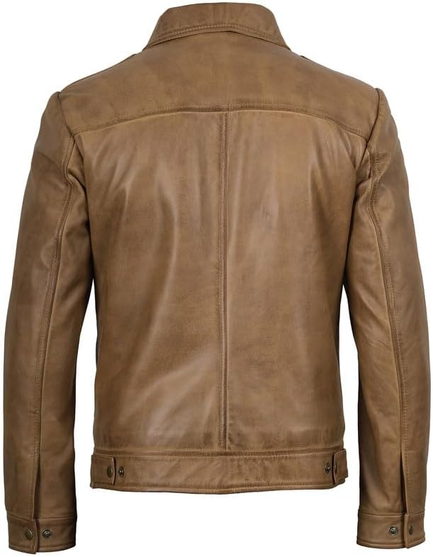 image:imageBlingsoul Vintage Leather Jacket Men Real Lambskin Classic Leather Jacket for Mens with Shirt Style CollarCamel Wax