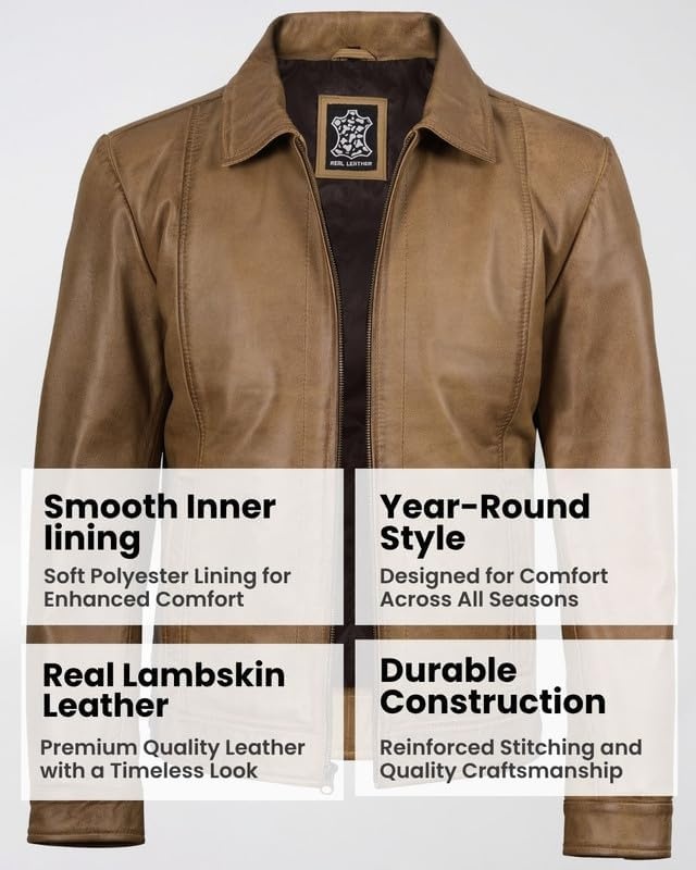 image:imageBlingsoul Vintage Leather Jacket Men Real Lambskin Classic Leather Jacket for Mens with Shirt Style CollarCamel Wax