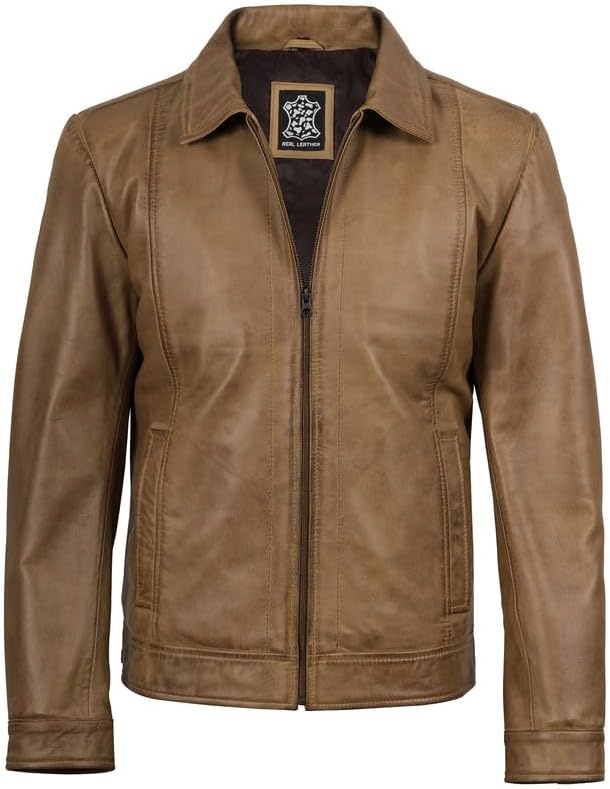 image:imageBlingsoul Vintage Leather Jacket Men Real Lambskin Classic Leather Jacket for Mens with Shirt Style CollarCamel Wax