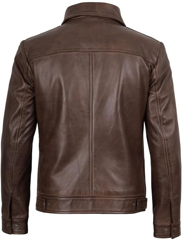 image:imageBlingsoul Vintage Leather Jacket Men Real Lambskin Classic Leather Jacket for Mens with Shirt Style CollarCoffee Brown Wax