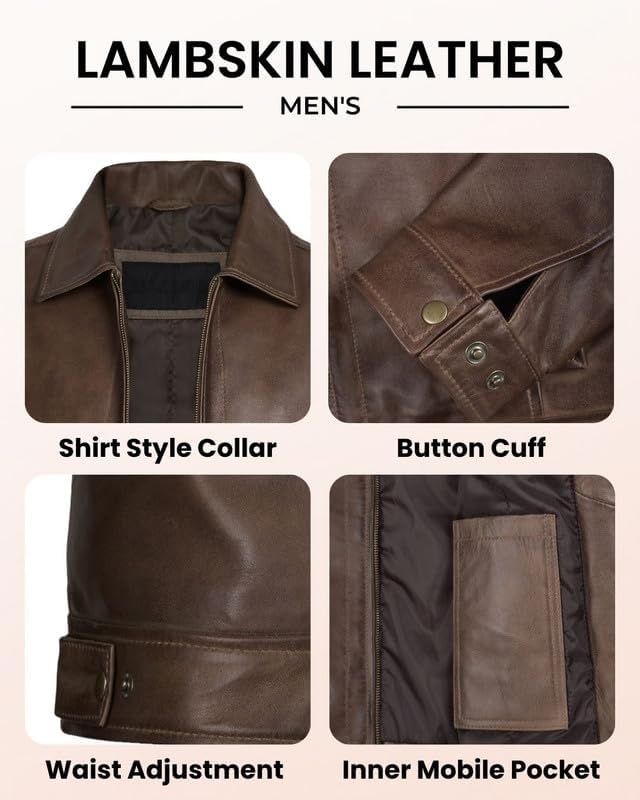 image:imageBlingsoul Vintage Leather Jacket Men Real Lambskin Classic Leather Jacket for Mens with Shirt Style CollarCoffee Brown Wax