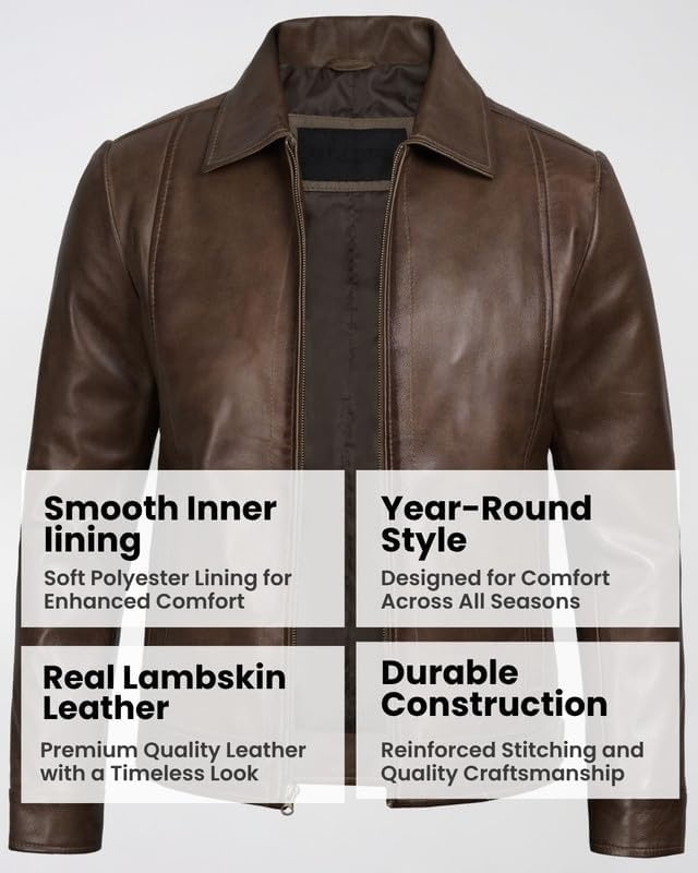image:imageBlingsoul Vintage Leather Jacket Men Real Lambskin Classic Leather Jacket for Mens with Shirt Style CollarCoffee Brown Wax