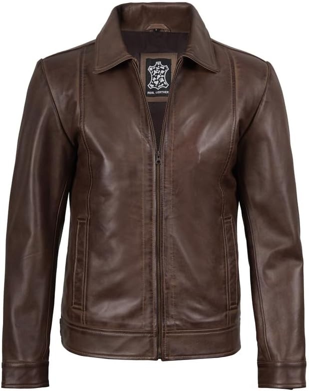 image:imageBlingsoul Vintage Leather Jacket Men Real Lambskin Classic Leather Jacket for Mens with Shirt Style CollarCoffee Brown Wax