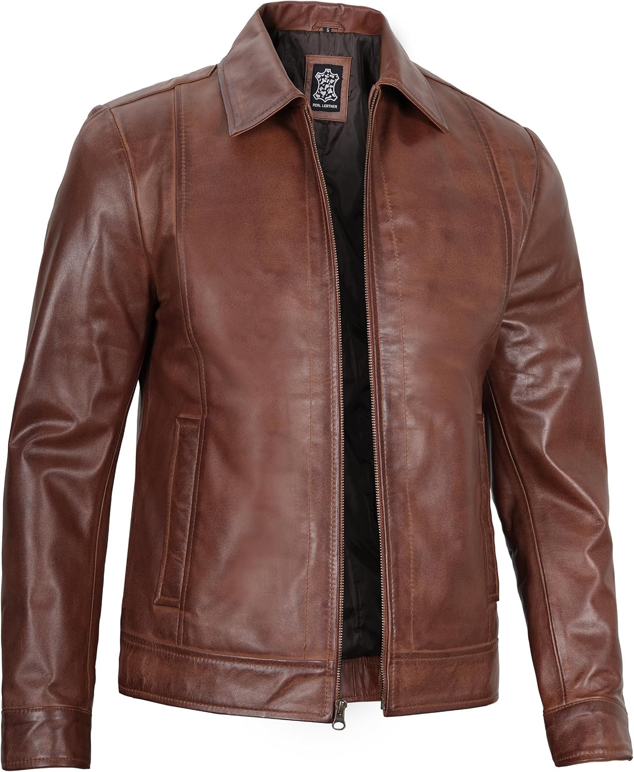 image:imageBlingsoul Vintage Leather Jacket Men Real Lambskin Classic Leather Jacket for Mens with Shirt Style CollarCognac Wax