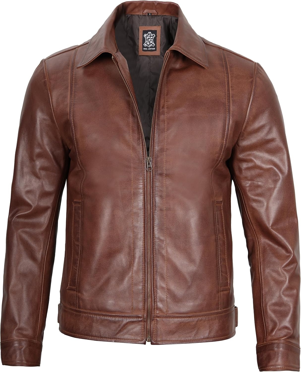image:imageBlingsoul Vintage Leather Jacket Men Real Lambskin Classic Leather Jacket for Mens with Shirt Style CollarCognac Wax