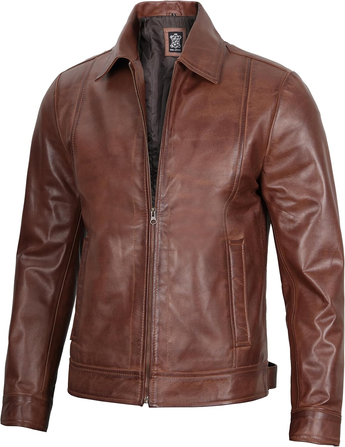 image:imageBlingsoul Vintage Leather Jacket Men Real Lambskin Classic Leather Jacket for Mens with Shirt Style CollarCognac Wax