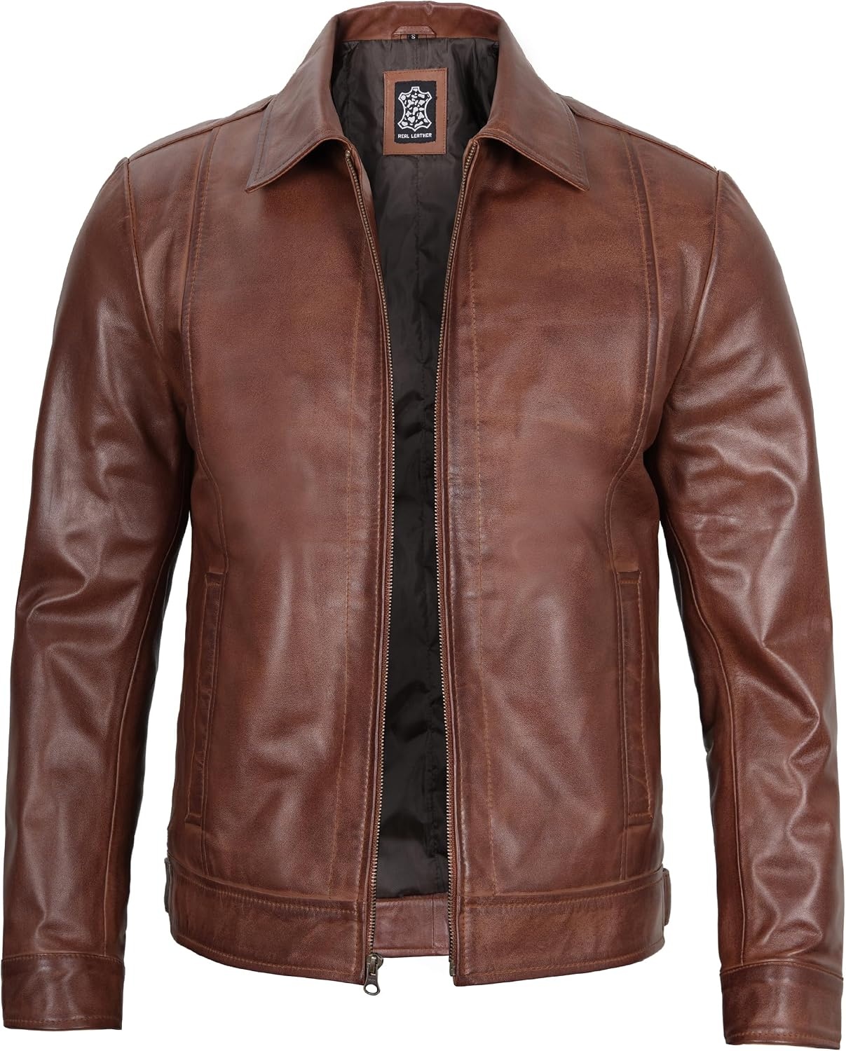 image:imageBlingsoul Vintage Leather Jacket Men Real Lambskin Classic Leather Jacket for Mens with Shirt Style CollarCognac Wax