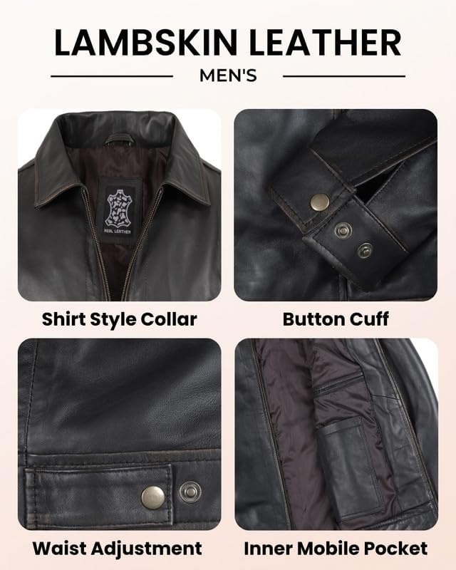 image:imageBlingsoul Vintage Leather Jacket Men Real Lambskin Classic Leather Jacket for Mens with Shirt Style CollarDark Brown Rub Off