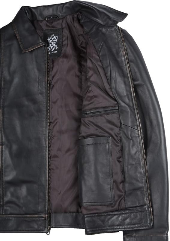 image:imageBlingsoul Vintage Leather Jacket Men Real Lambskin Classic Leather Jacket for Mens with Shirt Style CollarDark Brown Rub Off